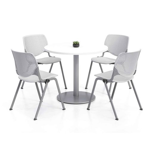 Pedestal Table with Four Light Gray Kool Series Chairs, Round, 36" Dia x 29h, Designer White, Ships in 4-6 Business Days
