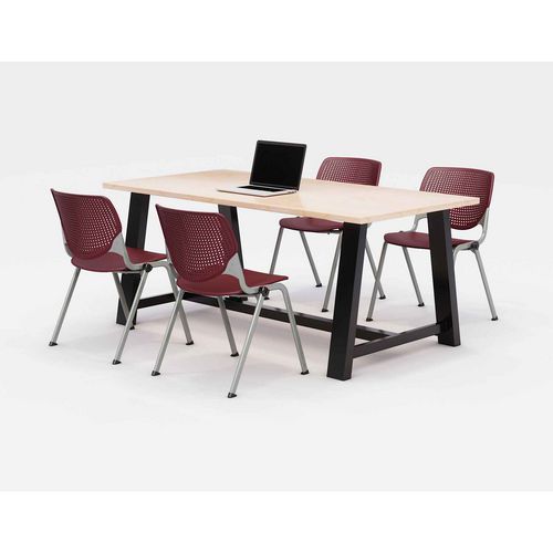 Image of Midtown Dining Table with Four Burgundy Kool Series Chairs, 36 x 72 x 30, Kensington Maple, Ships in 4-6 Business Days