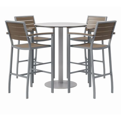 Image of Eveleen Outdoor Bistro Patio Table w/ Four Mocha Powder-Coated Polymer Barstools, Round, 41"h, Gray, Ships in 4-6 Bus Days