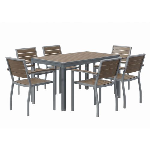 Eveleen Outdoor Patio Table with Six Mocha Powder-Coated Polymer Chairs, 32 x 55 x 29, Mocha, Ships in 4-6 Business Days