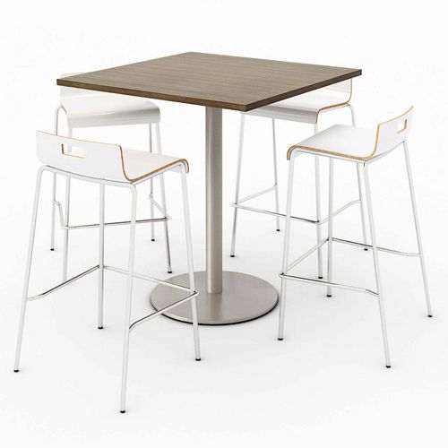 Pedestal Bistro Table with Four White Jive Series Barstools, Square, 36 x 36 x 41, Studio Teak, Ships in 4-6 Business Days