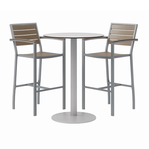 Eveleen Outdoor Bistro Patio Table, 2 Mocha Powder-Coated Polymer Barstools, Round, 30" Dia x 41h, Gray,Ships in 4-6 Bus Days