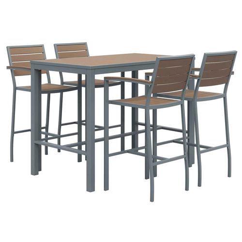 KFI Studios Eveleen Outdoor Bistro Patio Table w/ Four Gray Powder-Coated Polymer Barstools, Round, 41"h, White, Ships in 4-6 Bus Days