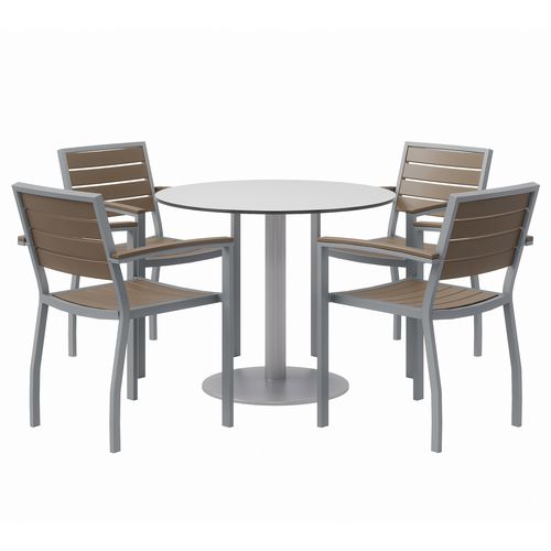 Image of Eveleen Outdoor Patio Table, 4 Mocha Powder-Coated Polymer Chairs, Round, 36" Dia x 29h, Fashion Gray, Ships in 4-6 Bus Days
