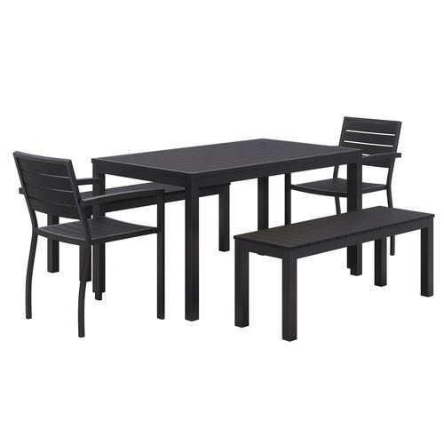 Image of Eveleen Outdoor Patio Table w/ Two Black Powder-Coated Polymer Chairs and Two Benches, 32 x 55, Gray, Ships in 4-6 Bus Days
