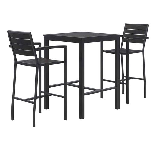 Eveleen Outdoor Bistro Patio Table with Two Black Powder-Coated Polymer Barstools, 30" Square, Black, Ships in 4-6 Bus Days