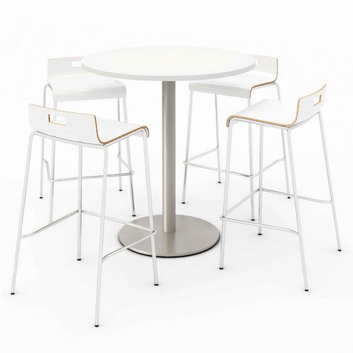 Image of Pedestal Bistro Table with Four White Jive Series Barstools, Round, 36" Dia x 41h, Designer White, Ships in 4-6 Business Days