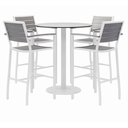 Eveleen Outdoor Bistro Patio Table w/ Four Gray Powder-Coated Polymer Barstools, Round, 41"h, White, Ships in 4-6 Bus Days