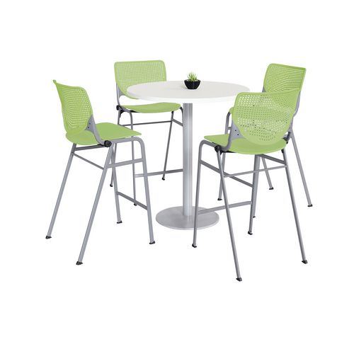 Pedestal Bistro Table with Four Lime Green Kool Series Barstools, Round, 36" Dia x 41h, Designer White, Ships in 4-6 Bus Days
