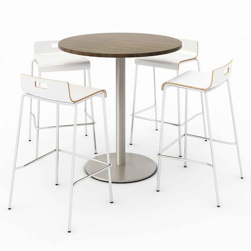Image of Pedestal Bistro Table with Four White Jive Series Barstools, Round, 36" Dia x 41h, Studio Teak, Ships in 4-6 Business Days