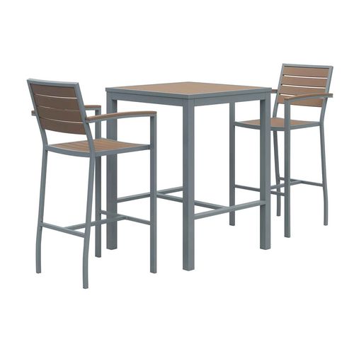 Eveleen Outdoor Bistro Patio Table with Two Mocha Powder-Coated Polymer Barstools, 30" Square, Mocha, Ships in 4-6 Bus Days