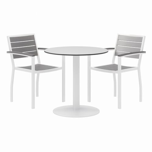 Image of Eveleen Outdoor Patio Table with 2 Gray Powder-Coated Polymer Chairs, 30" Dia x 29h, Designer White, Ships in 4-6 Bus Days