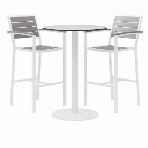 Eveleen Outdoor Bistro Patio Table, 2 Gray Powder-Coated Polymer Barstools, Round, 30" Dia x 41h, White,Ships in 4-6 Bus Days