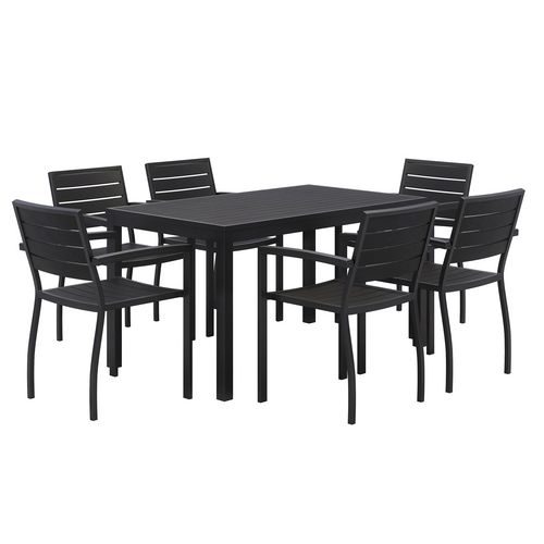 Eveleen Outdoor Patio Table with Six Black Powder-Coated Polymer Chairs, 32 x 55 x 29, Black, Ships in 4-6 Business Days