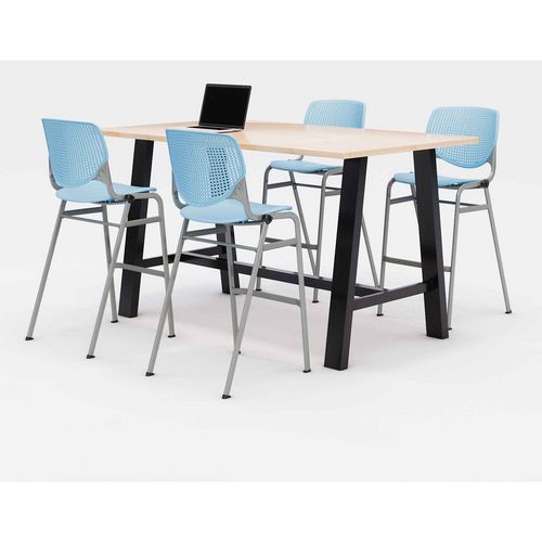 Midtown Bistro Dining Table with Four Sky Blue Kool Barstools, 36 x 72 x 41, Kensington Maple, Ships in 4-6 Business Days