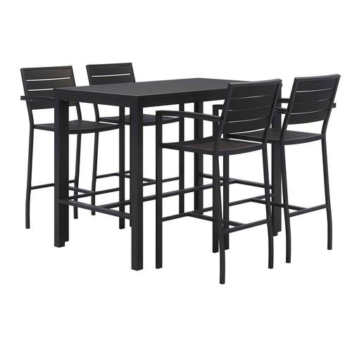 Eveleen Outdoor Bistro Patio Table with Four Black Powder-Coated Polymer Barstools, 32 x 55, Black, Ships in 4-6 Bus Days