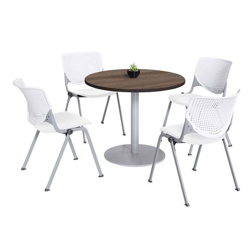 Image of Pedestal Table with Four White Kool Series Chairs, Round, 36" Dia x 29h, Studio Teak, Ships in 4-6 Business Days
