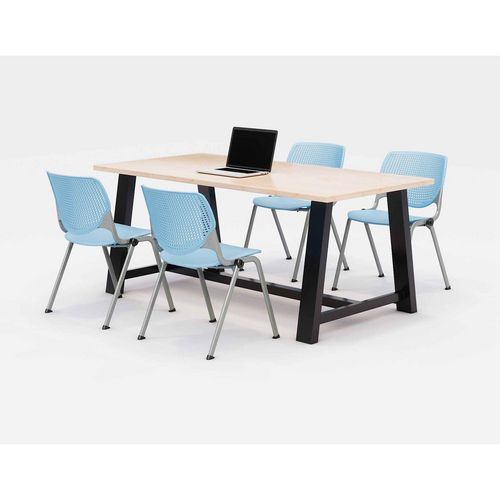 Image of Midtown Dining Table with Four Sky Blue Kool Series Chairs, 36 x 72 x 30, Kensington Maple, Ships in 4-6 Business Days