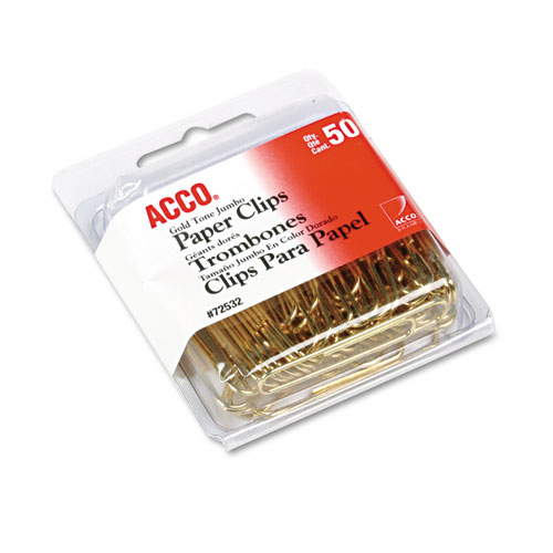 ACCO Gold Tone Paper Clips, Jumbo, Smooth, Gold, 50/Box
