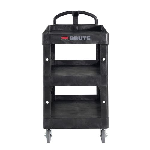 Image of BRUTE 3-Shelf Heavy-Duty Ergo Lipped Utility Cart, Resin, 3 Shelves, 600 lb Capacity, 25.24" x 44" x 47", Black