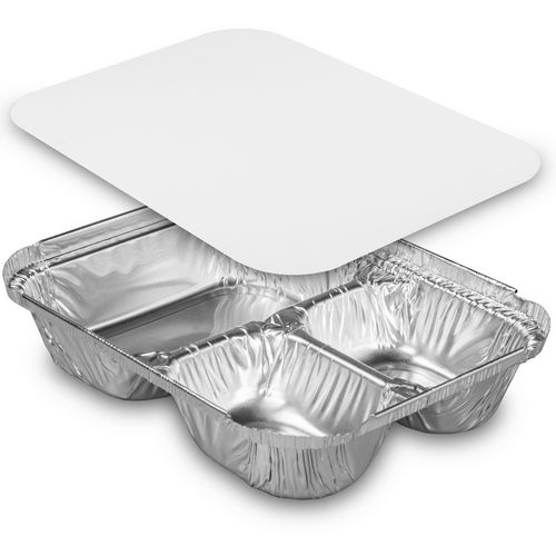 Three-Compartment Oblong Food Container, 24 oz, 6.38 x 1.47 x 8, Silver, Aluminum, 500/Carton