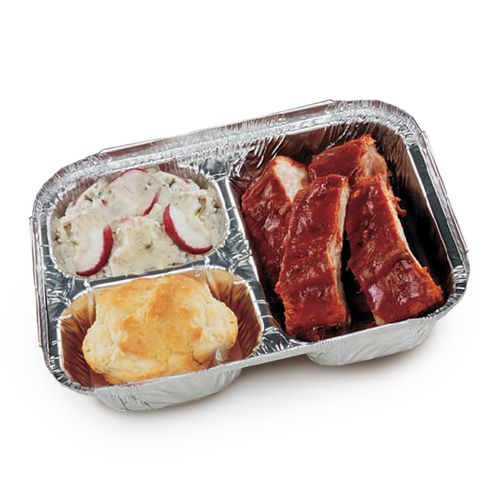 Three-Compartment Oblong Food Container, 24 oz, 6.38 x 1.47 x 8, Silver, Aluminum, 500/Carton