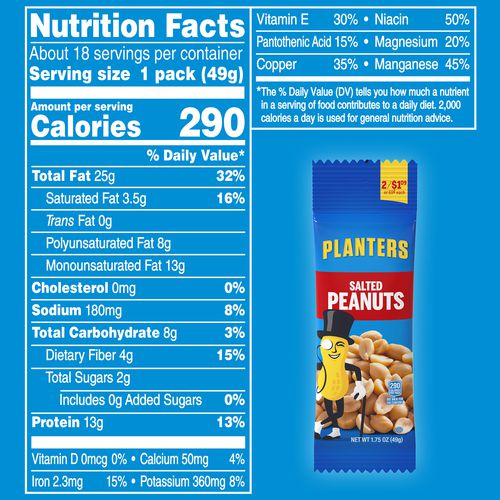 Salted Peanuts, 1.75 oz Pack, 18 Packets/Box, 2 Boxes/Carton