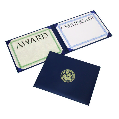 7510017141363, SKILCRAFT Awards Certificate Padded Cover Binder, Navy Seal, 11.62 x 9.12, Blue/Gold