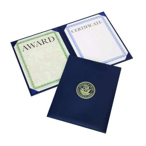 7510017141364, SKILCRAFT Awards Certificate Padded Cover Binder, Navy Seal, 9.12 x 11.62, Blue/Gold