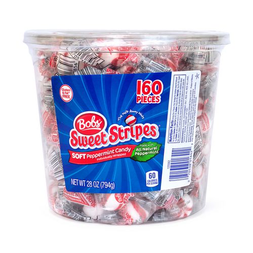 Bobs Sweet Stripes Soft Candy, Peppermint, 0.18 oz Individually Wrapped, 160/Tub, 2 Tubs/Carton