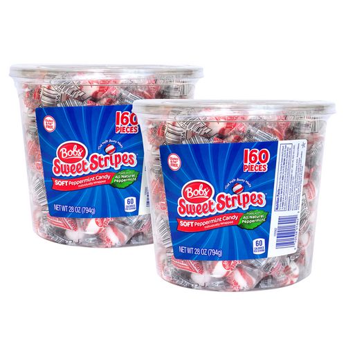 Image of Bobs Sweet Stripes Soft Candy, Peppermint, 0.18 oz Individually Wrapped, 160/Tub, 2 Tubs/Carton, Ships in 1-3 Business Days