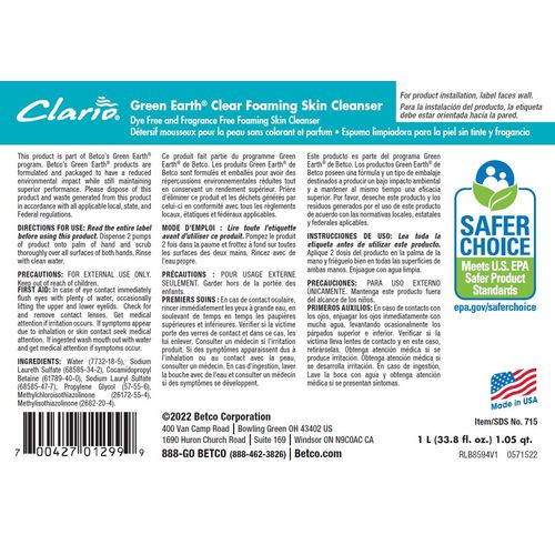 Green Earth Clear Foaming Skin Cleanser, Fragrance-Free, 1,000 mL Refill Bag, 6/Carton