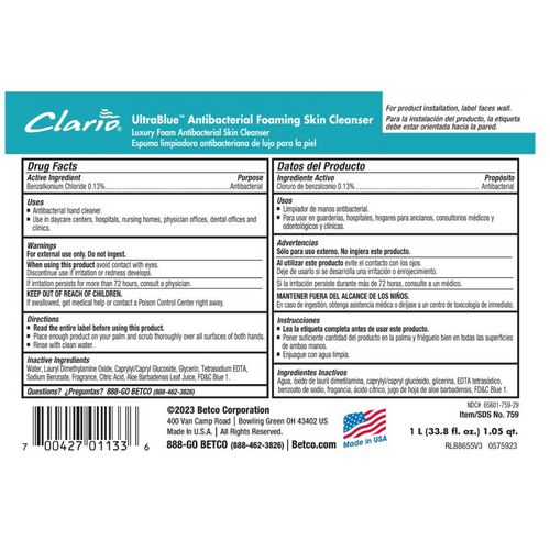 UltraBlue Antibacterial Foaming Skin Cleanser, Fragrance-Free, 1,000 mL Refill Bag, 6/Carton