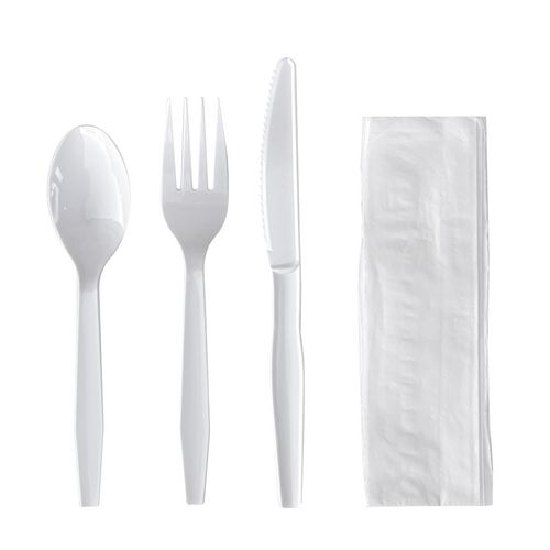 Image of Four-Piece Cutlery Kit, Fork/Knife/Napkin/Teaspoon, Mediumweight, Polystyrene, White, 250/Carton