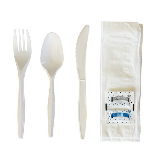 Six-Piece Cutlery Kit, Fork/Knife/Teaspoon/Napkin/Pepper/Salt, White, 250/Carton