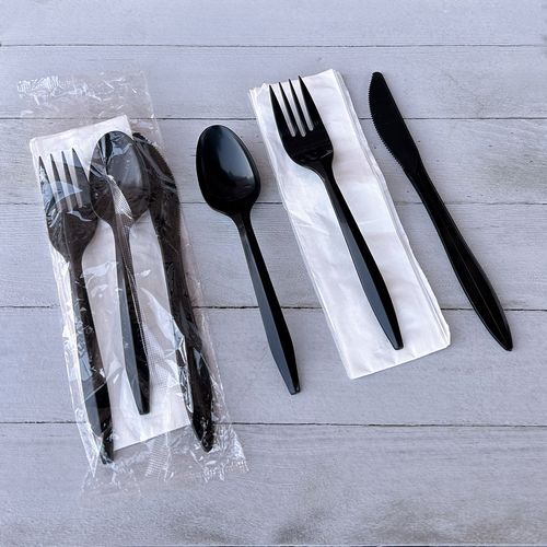 Four-Piece Cutlery Kit, Fork/Knife/Teaspoon/Napkin, Mediumweight, Black, 250/Carton