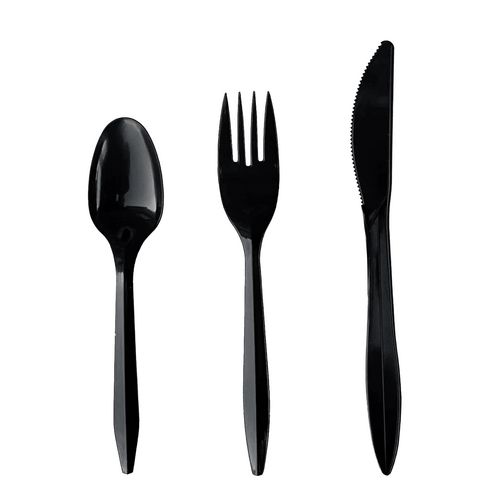 Four-Piece Cutlery Kit, Fork/Knife/Teaspoon/Napkin, Mediumweight, Black, 250/Carton