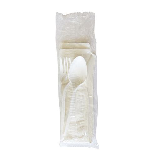 Four-Piece Cutlery Kit, Fork/Knife/Napkin/Teaspoon, Mediumweight, White, 250/Carton