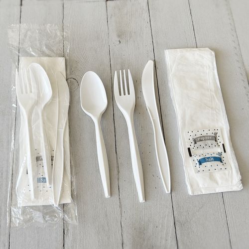 Six-Piece Cutlery Kit, Fork/Knife/Teaspoon/Napkin/Pepper/Salt, White, 250/Carton