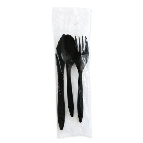 Three-Piece Cutlery Kit, Fork/Knife/Teaspoon, Polystyrene, Black, 250/Carton