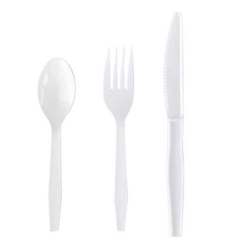 Three-Piece Cutlery Kit, Fork/Knife/Teaspoon, Polystyrene, White, 250/Carton