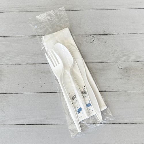 Six-Piece Cutlery Kit, Fork/Knife/Teaspoon/Napkin/Pepper/Salt, White, 250/Carton