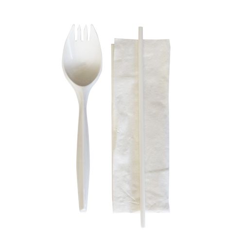 School Cutlery Kit, Napkin/Spork/Straw, White, 1,000/Carton