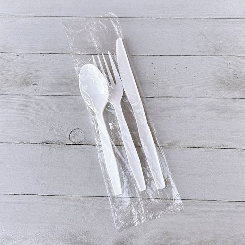 Three-Piece Cutlery Kit, Fork/Knife/Teaspoon, Polystyrene, White, 250/Carton