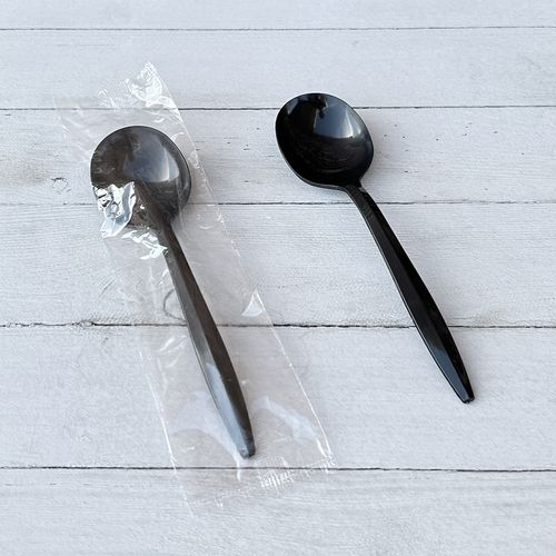 Mediumweight Wrapped Polypropylene Cutlery, Soup Spoon, Plastic, Black, 1,000/Carton