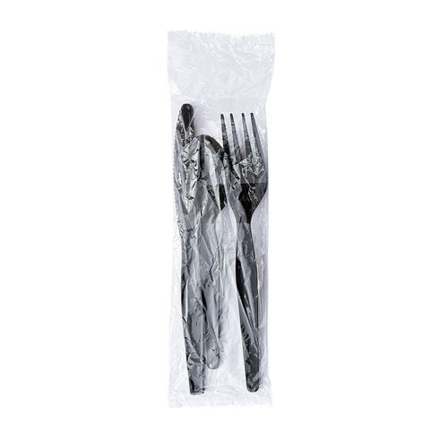 Image of Three-Piece Cutlery Kit, Fork/Knife/Teaspoon, Heavyweight, Black, 250/Carton