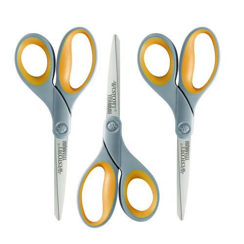 Titanium Bonded Scissors, 8" Long, 3.5" Cut Length, Gray/Yellow Straight Handle, 3/Pack