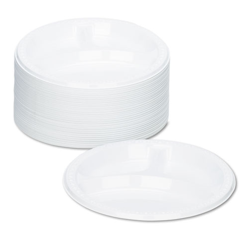 Image of Tablemate® Plastic Dinnerware, Compartment Plates, 9" Dia, White, 125/Pack
