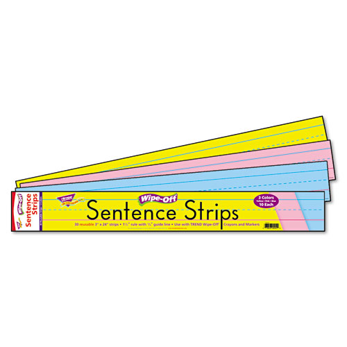 Trend® Wipe-Off Sentence Strips, 24 X 3, Blue; Pink; Yellow, 30/Pack