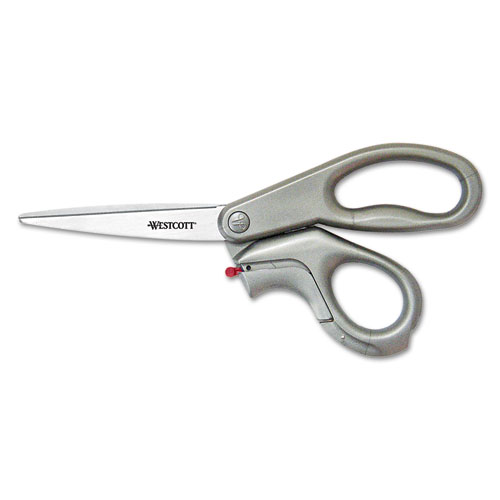 E-Z OPEN BOX OPENER STAINLESS STEEL SHEARS, 8" LONG, 3.25" CUT LENGTH, GRAY OFFSET HANDLE